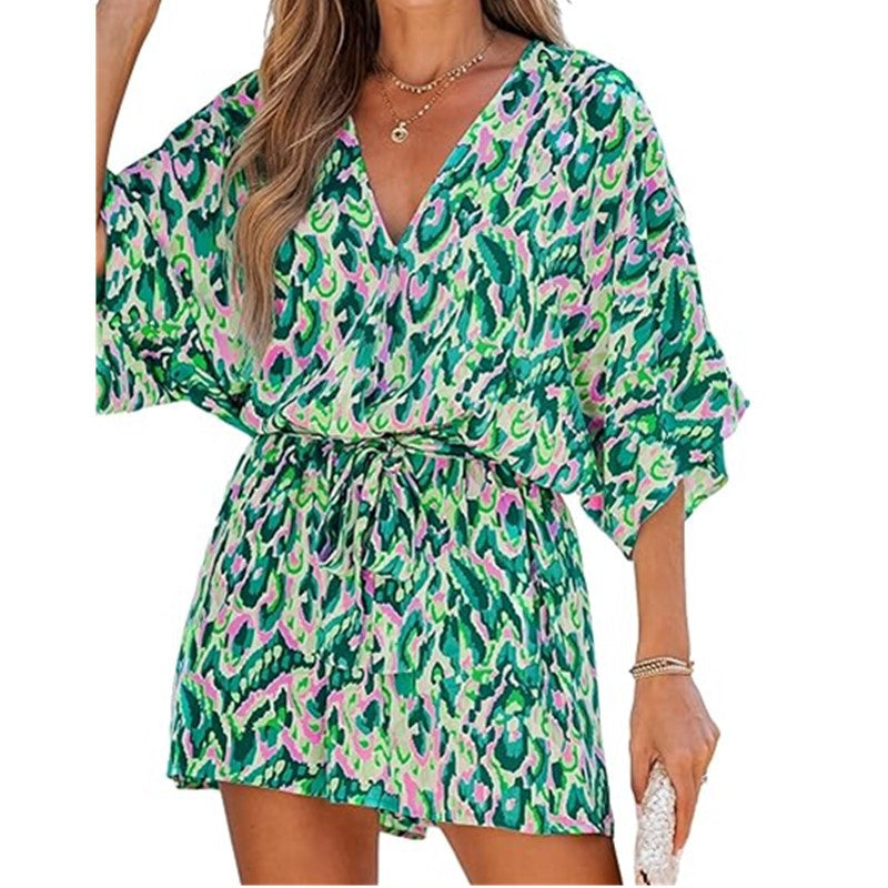 VVZ Women's All-Over Print V-Neck Wide-Leg Romper with Tie Waist