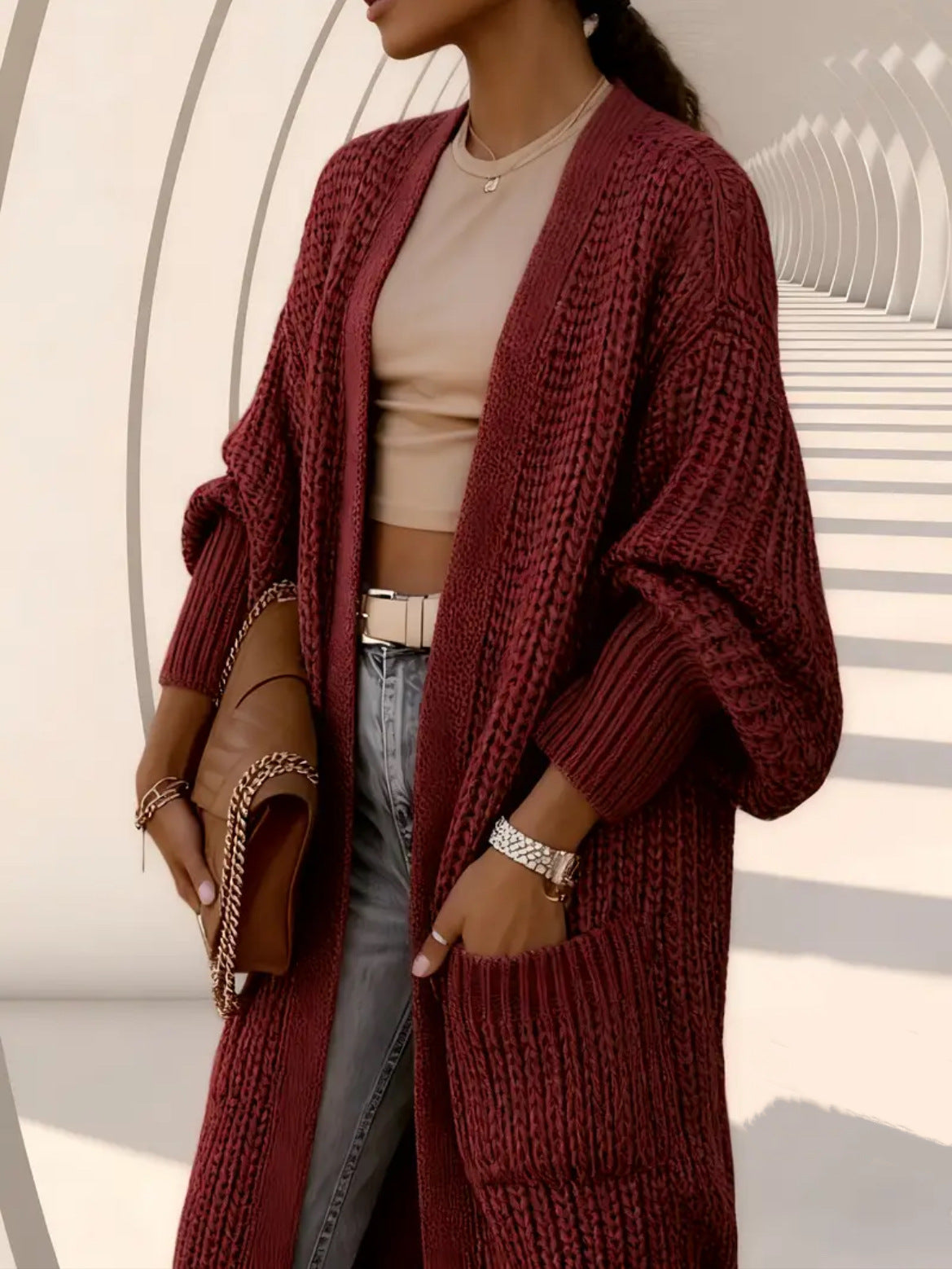 VVZ Women's Solid Drop Shoulder Long Cardigan, Casual Pocket Long Sleeve Cardigan