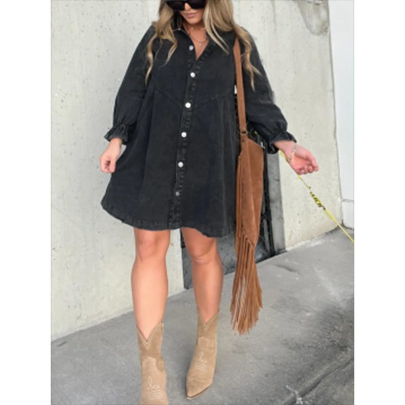 VVZ Washed Denim Puff-Sleeve Mini Dress