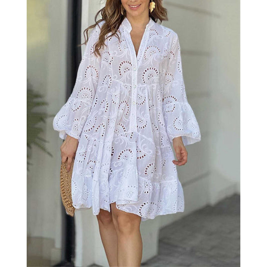 VVZ Plain Eyelet Embroidery Notched Neck Long Sleeve Smock Dress