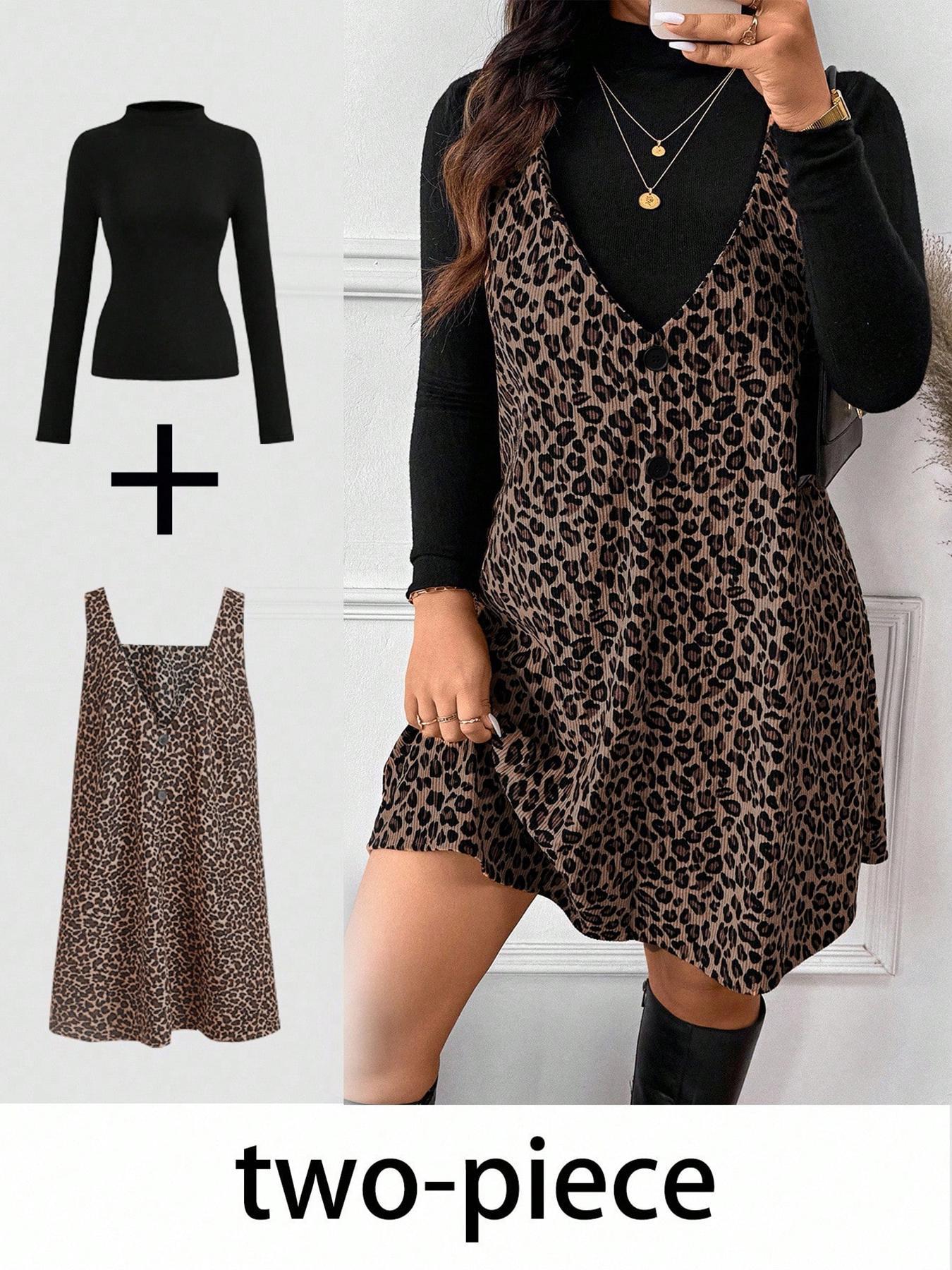 VVZ High Neck Base Layer & Leopard Pinafore Dress Set
