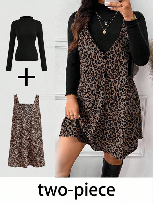 VVZ High Neck Base Layer & Leopard Pinafore Dress Set