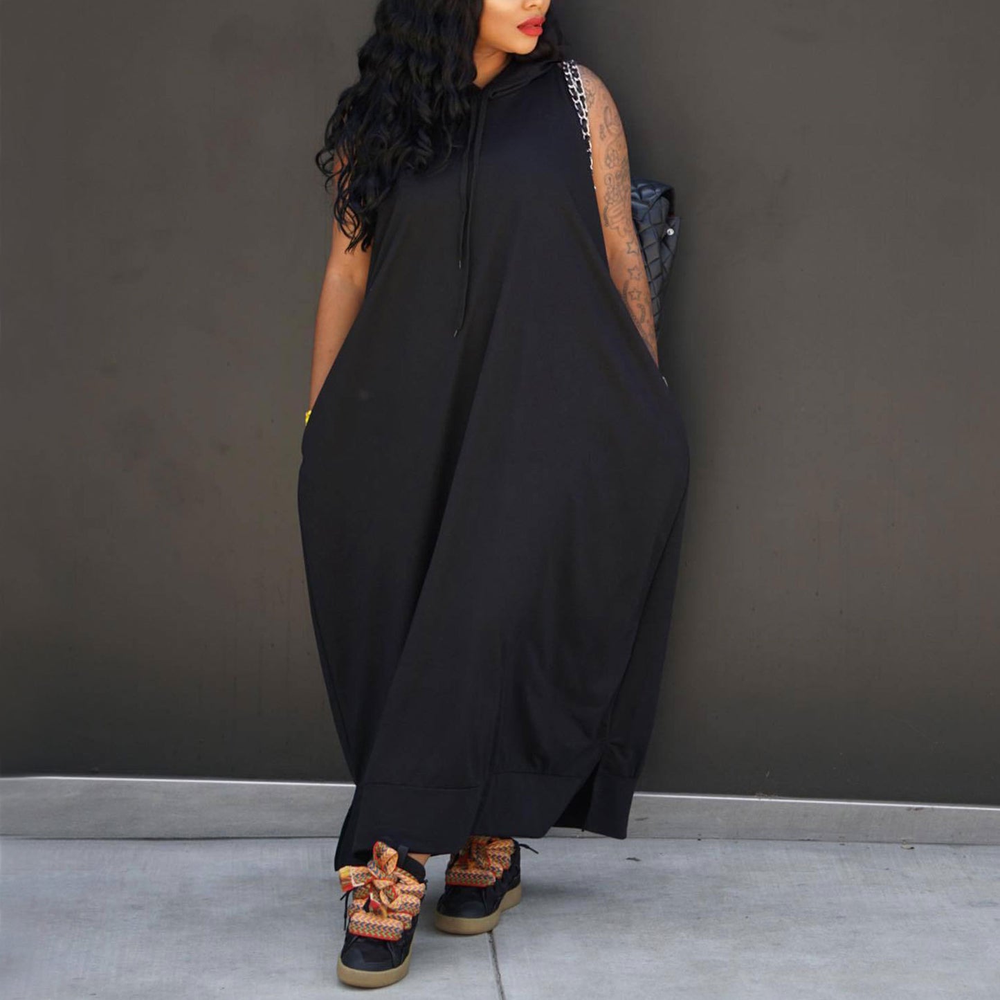 VVZ Women's Plain Drawstring Hooded Tank Dress