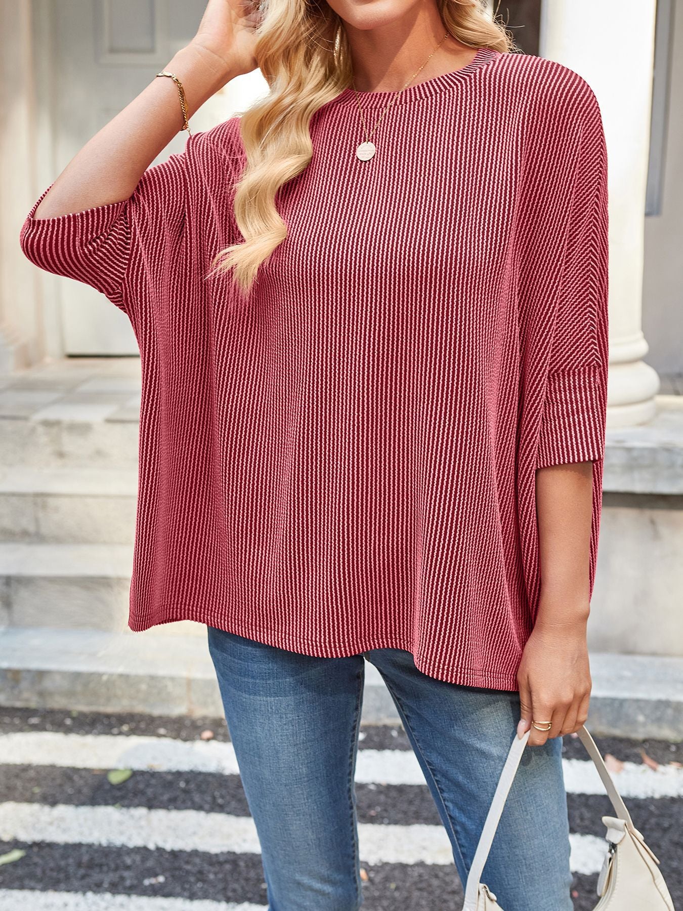 VVZ Ribbed round neck oversized batwing sleeve top