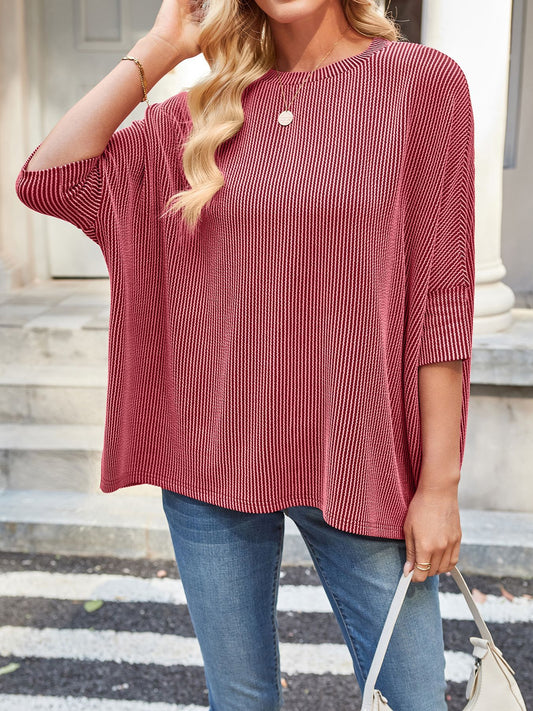 VVZ Ribbed round neck oversized batwing sleeve top