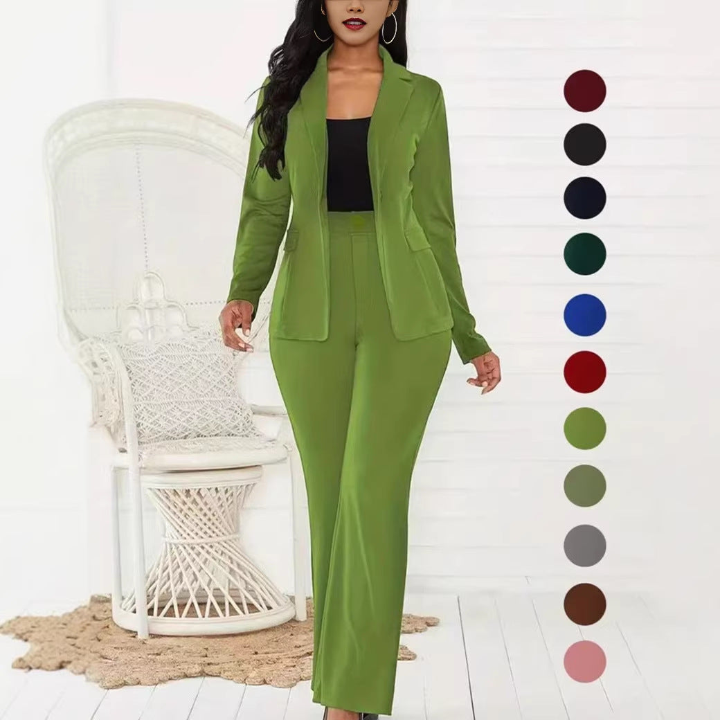 VVZ Women's Two-Piece Set Plain Button Lapel Blazer & Suit Pants