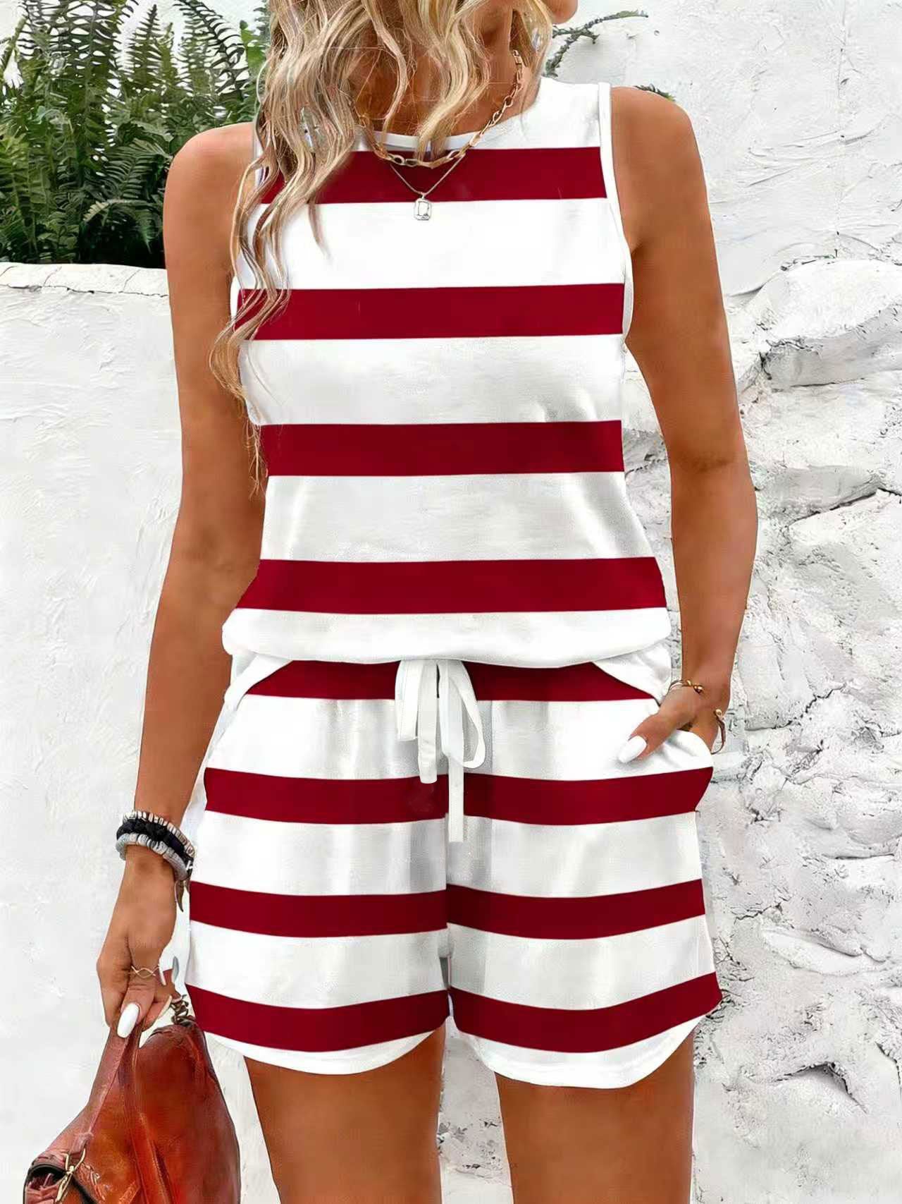 VVZ Women's Striped Print Tank Top & Shorts Two-Piece Set