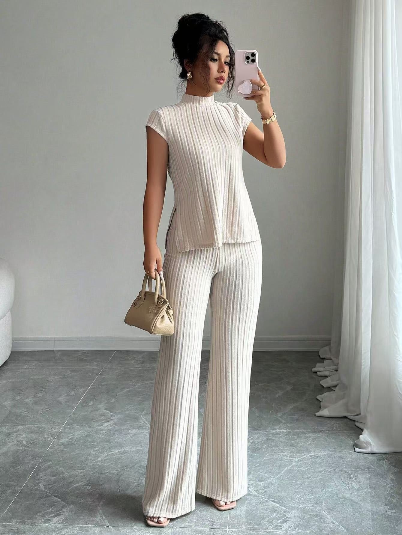 VVZ Soft Ribbed Knit Short Sleeve Top & Flare Trousers