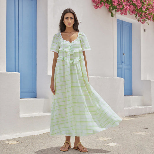 VVZ Women Long Dress, Elegant Short Sleeve Solid/Plaid  Dress