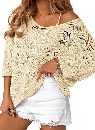 VVZ Spring/Summer Openwork Crocheted Pullover Sweater with Three-Quarter Sleeves
