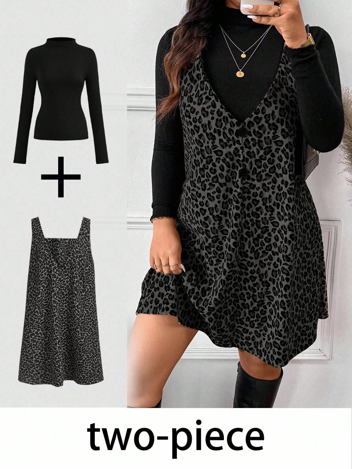 VVZ High Neck Base Layer & Leopard Pinafore Dress Set