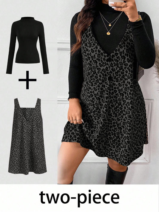 VVZ High Neck Base Layer & Leopard Pinafore Dress Set