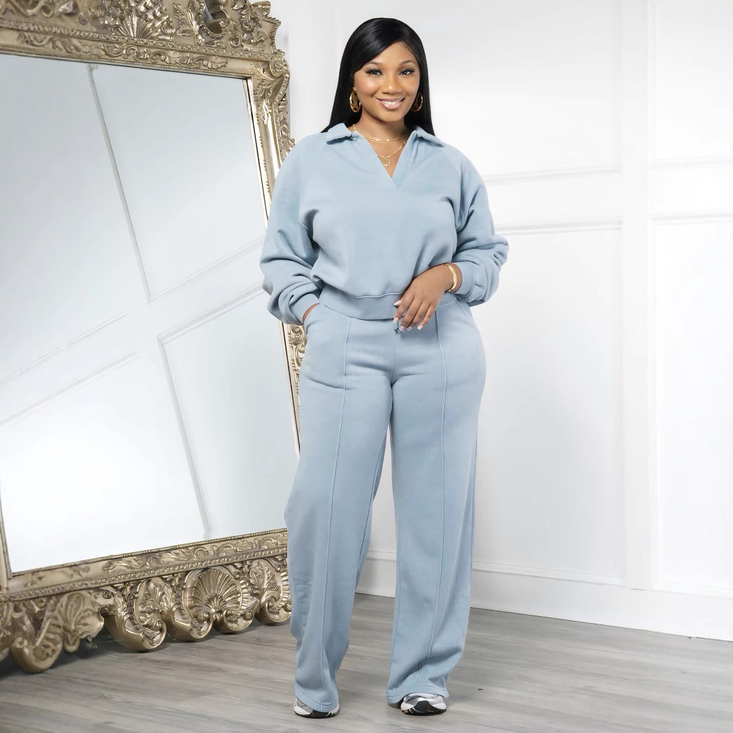 VVZ Women's Solid Long Sleeve Sweatshirt & Drawstring Waist Pants Set