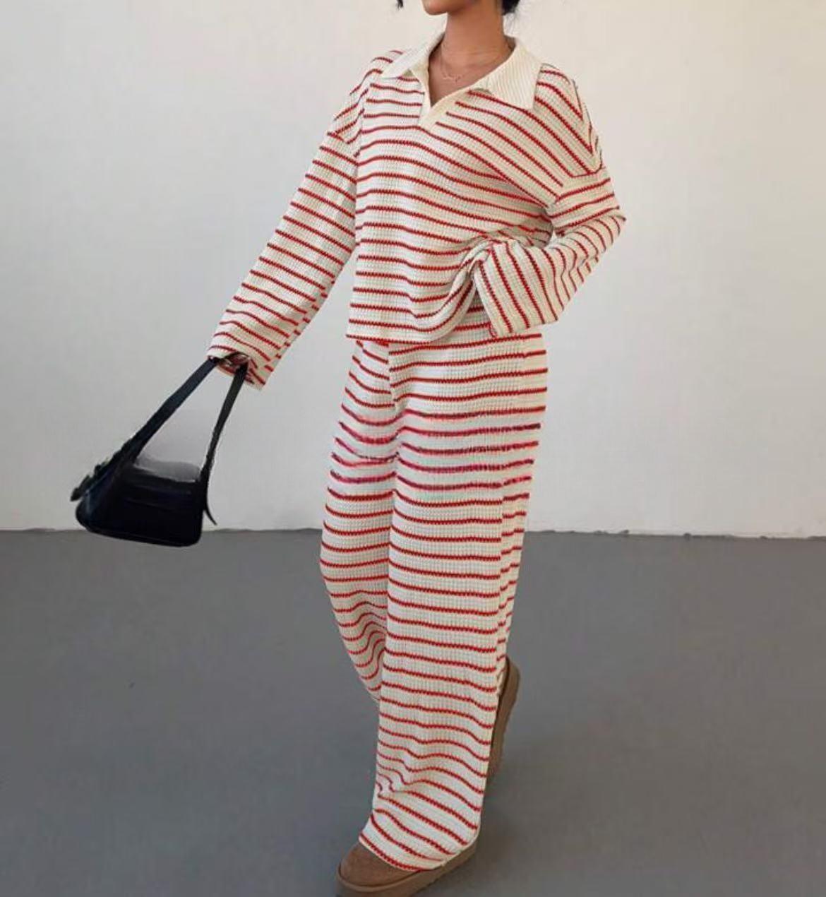 VVZ Women's Casual Color Matching Stripe Long Sleeve Top & Wide Leg Trousers Co-ord