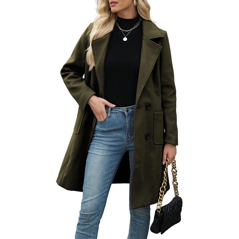 VVZ Women Winter  Camel Mid-Long Coat Notch Double-Breasted Lapel Jacket Outwear