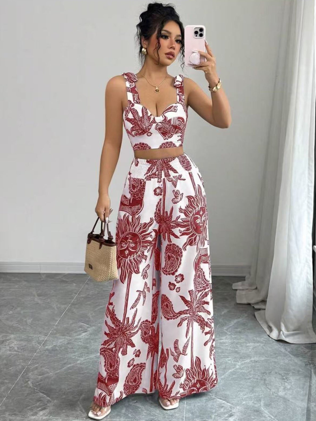 VVZ Women's Boho Style Floral Print Sleeveless Top & Belted Straight Leg Pants Set