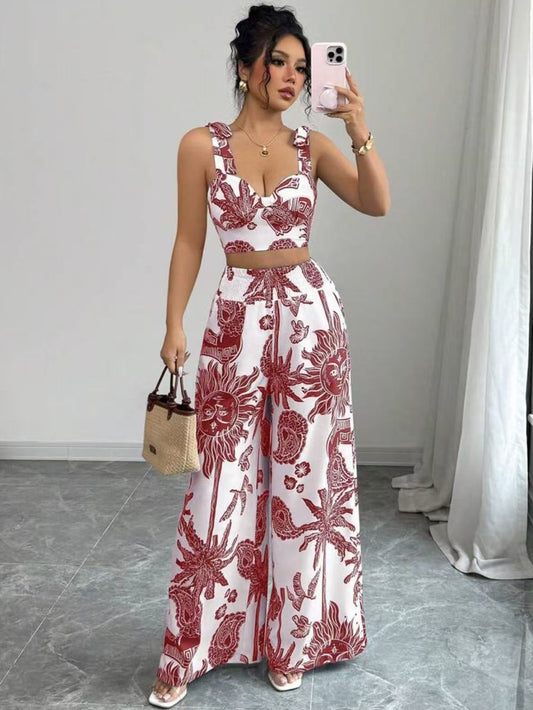 VVZ Women's Boho Style Floral Print Sleeveless Top & Belted Straight Leg Pants Set