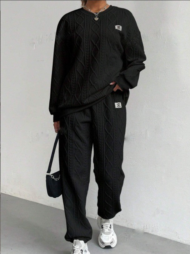 VVZ Ribbed Jacquard Long Pants Casual Two-Piece Set