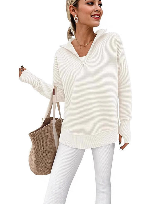 VVZ Women's Long Sleeve Pullover Sweater Casual Loose V Neck Collared Ribbed Knit Jumper Tops