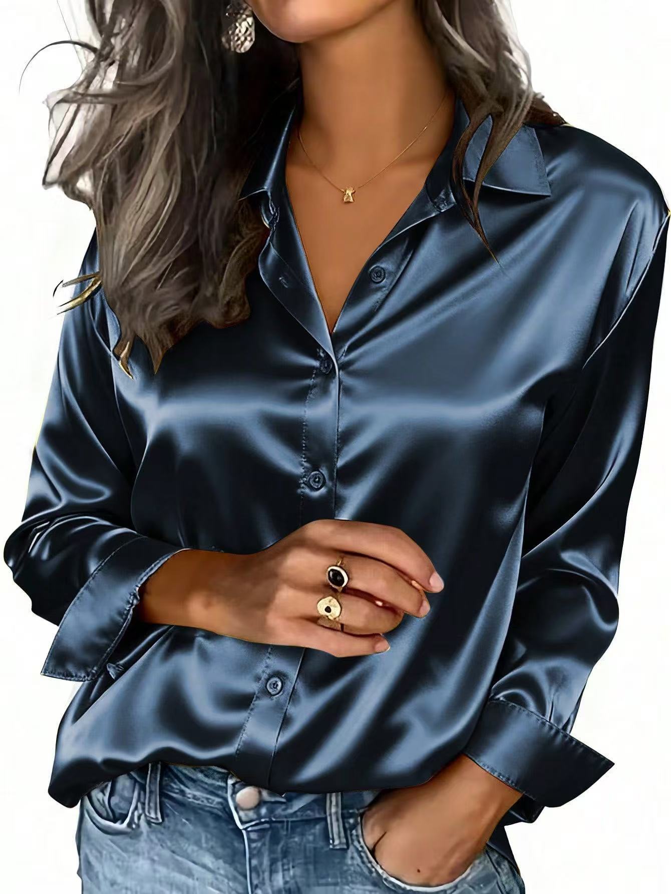 VVZ Women's solid color satin button-down long-sleeved casual shirt