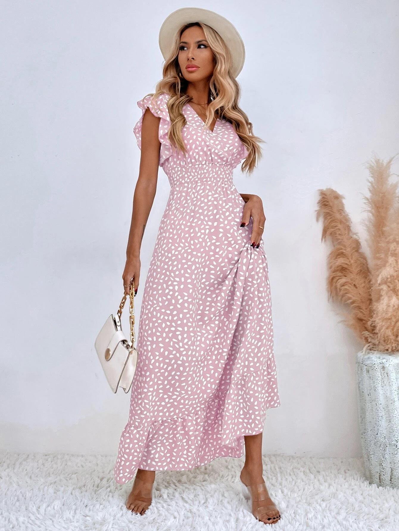 VVZ Women's Floral V-Neck Ruffled Waist-Cinching Slim-Fit Dress