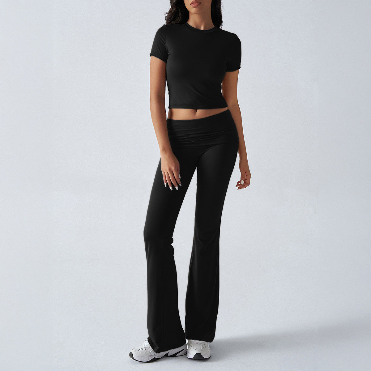 VVZ Women's Solid Color Crop Tee & Flare Leg Pants Two-piece Set