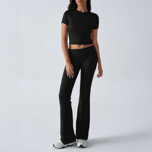 VVZ Women's Solid Color Crop Tee & Flare Leg Pants Two-piece Set