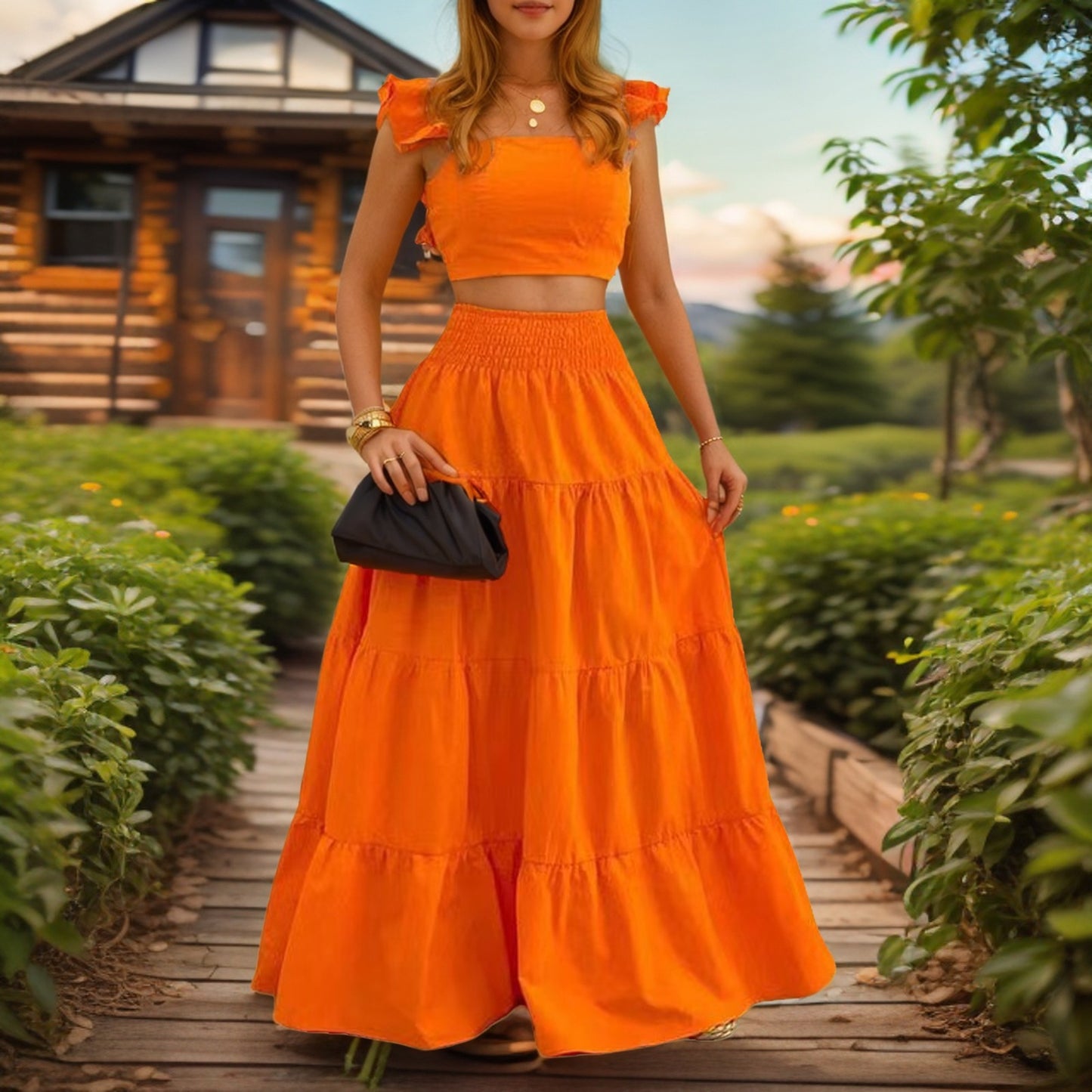 VVZ Women's Solid-Color Top and Long Skirt Two-Piece Set
