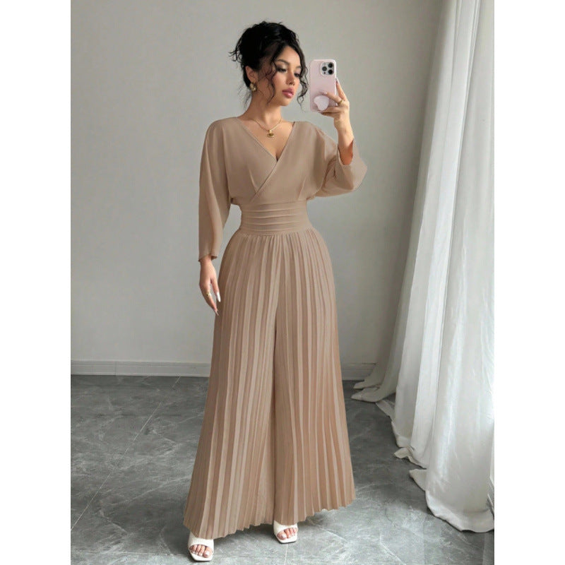 VVZ Women's Elegant V Neck Batwing Sleeve Pleated Wide Leg Pants