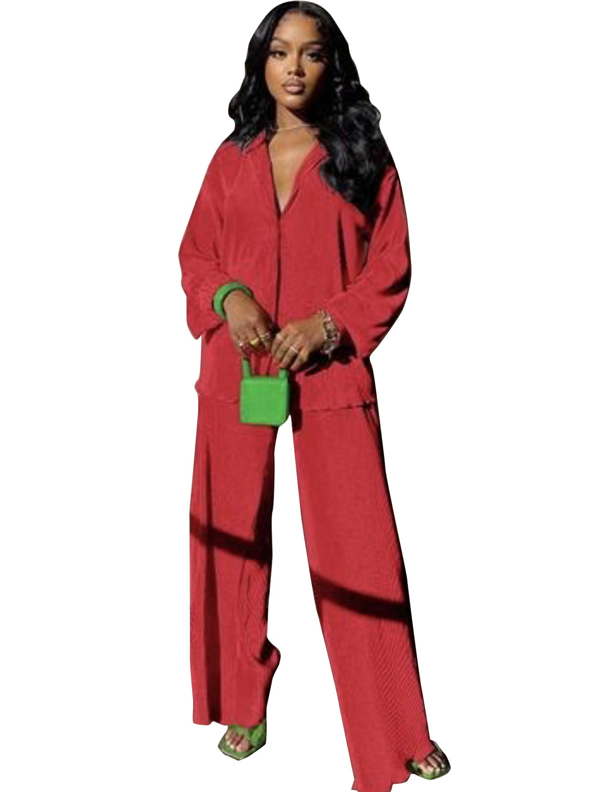 VVZ Women's Solid Button Front Shirt & Elastic Waist Pants Two-piece Set