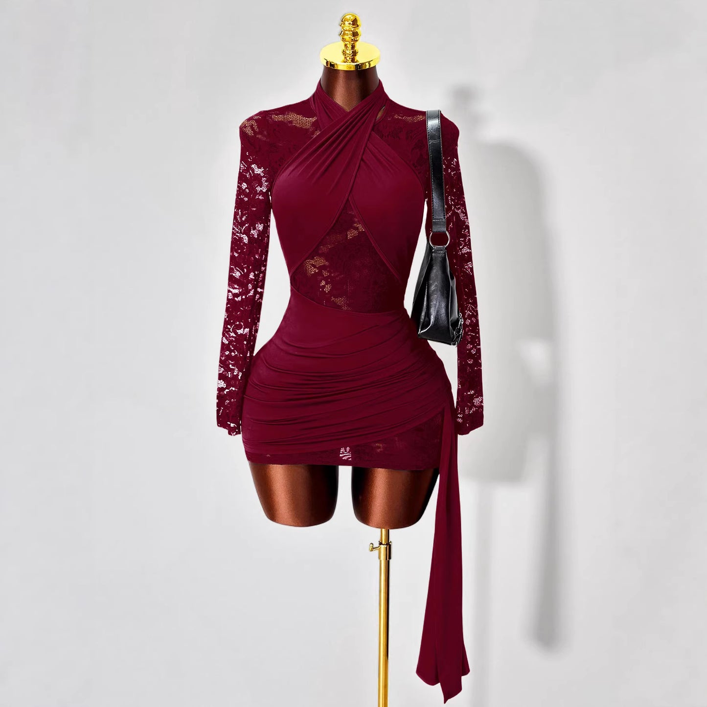VVZ Women's Halter-Neck Lace Long-Sleeve Slim-Fit Dress