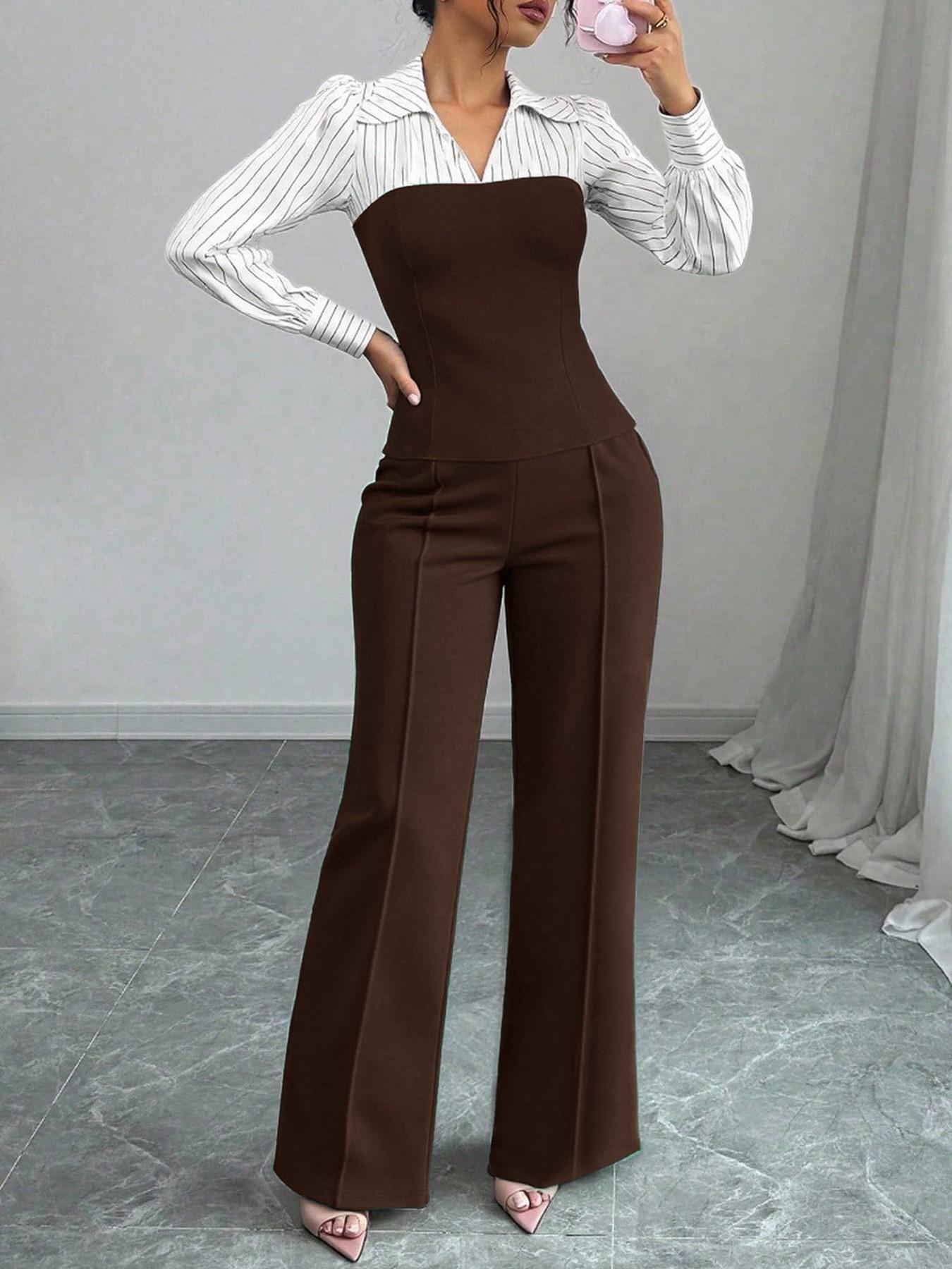 VVZ Women's Long Sleeve Colorblock Patchwork Shirt Set