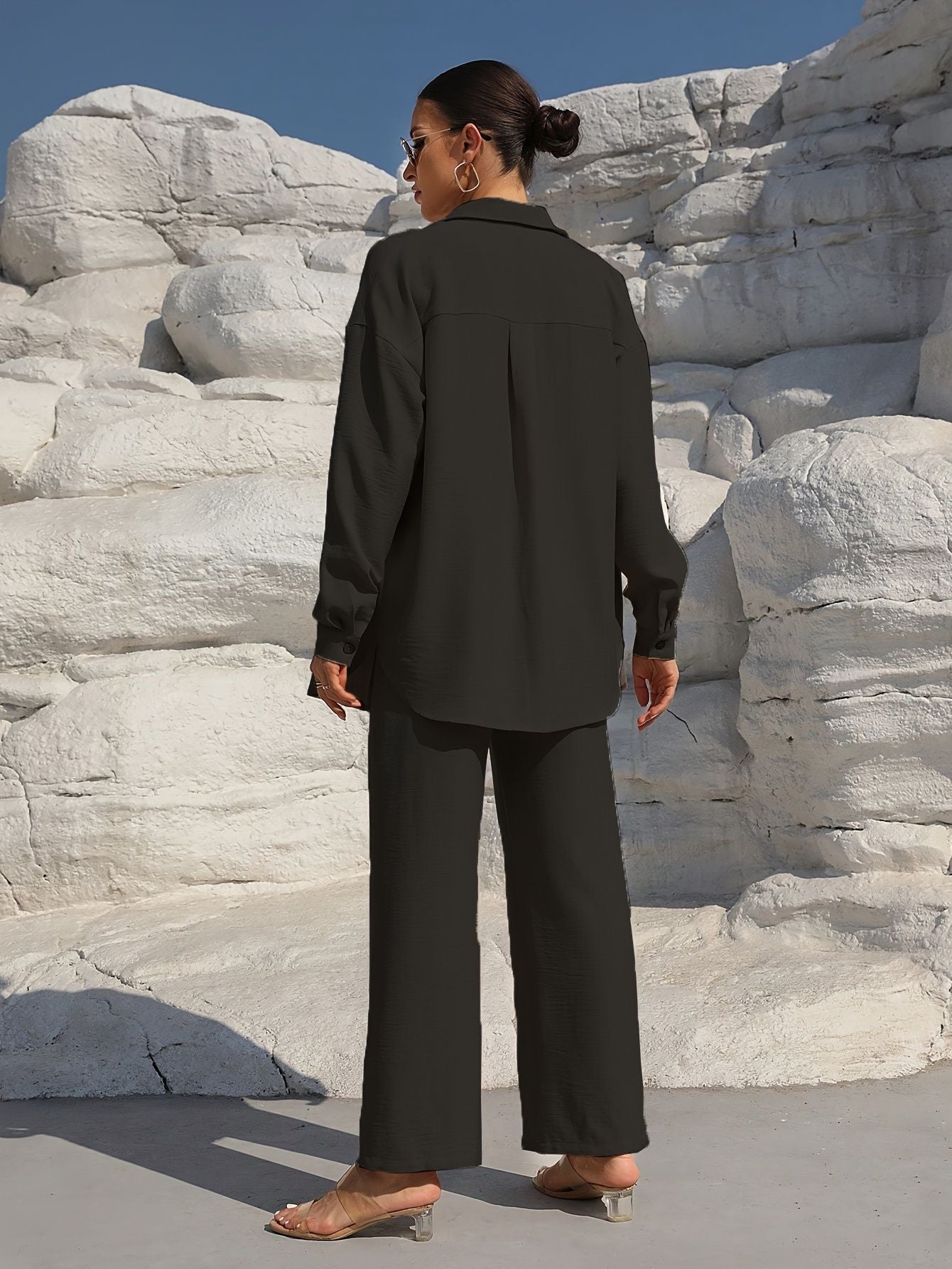 VVZ Women's Solid Button Front Shirt & Tie Front Wide Leg Pants Two-piece Set