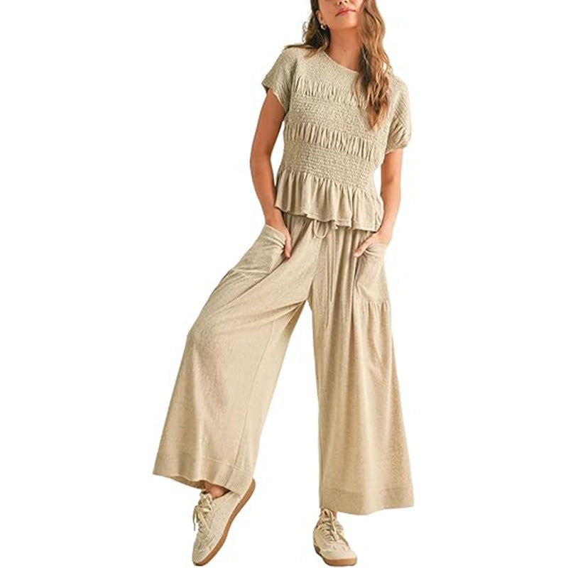 VVZ Women’s 2-Piece Smocked Top & Wide-Leg Pants Set