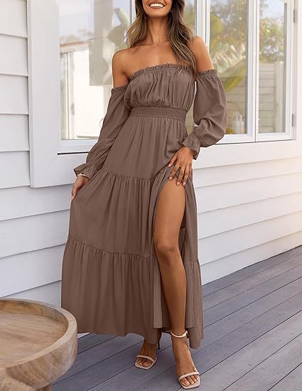 VVZ  High Waist Side Split Flowy A Line Tiered Long Maxi Dress