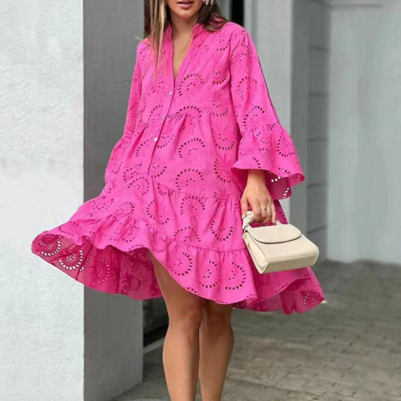 VVZ Plain Eyelet Embroidery Notched Neck Long Sleeve Smock Dress