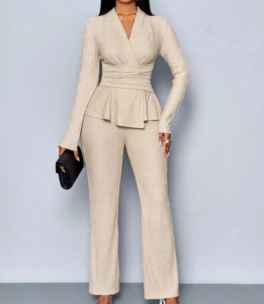 VVZ Women's  Elegant V-Neck Long Sleeve Asymmetrical Hem T-Shirt & Wide-Leg Pants Two Piece Set