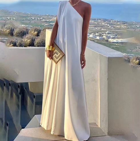 VVZ Loose-Fit, Asymmetrical, Solid-Color, Slit, One-Shoulder Maxi Dress