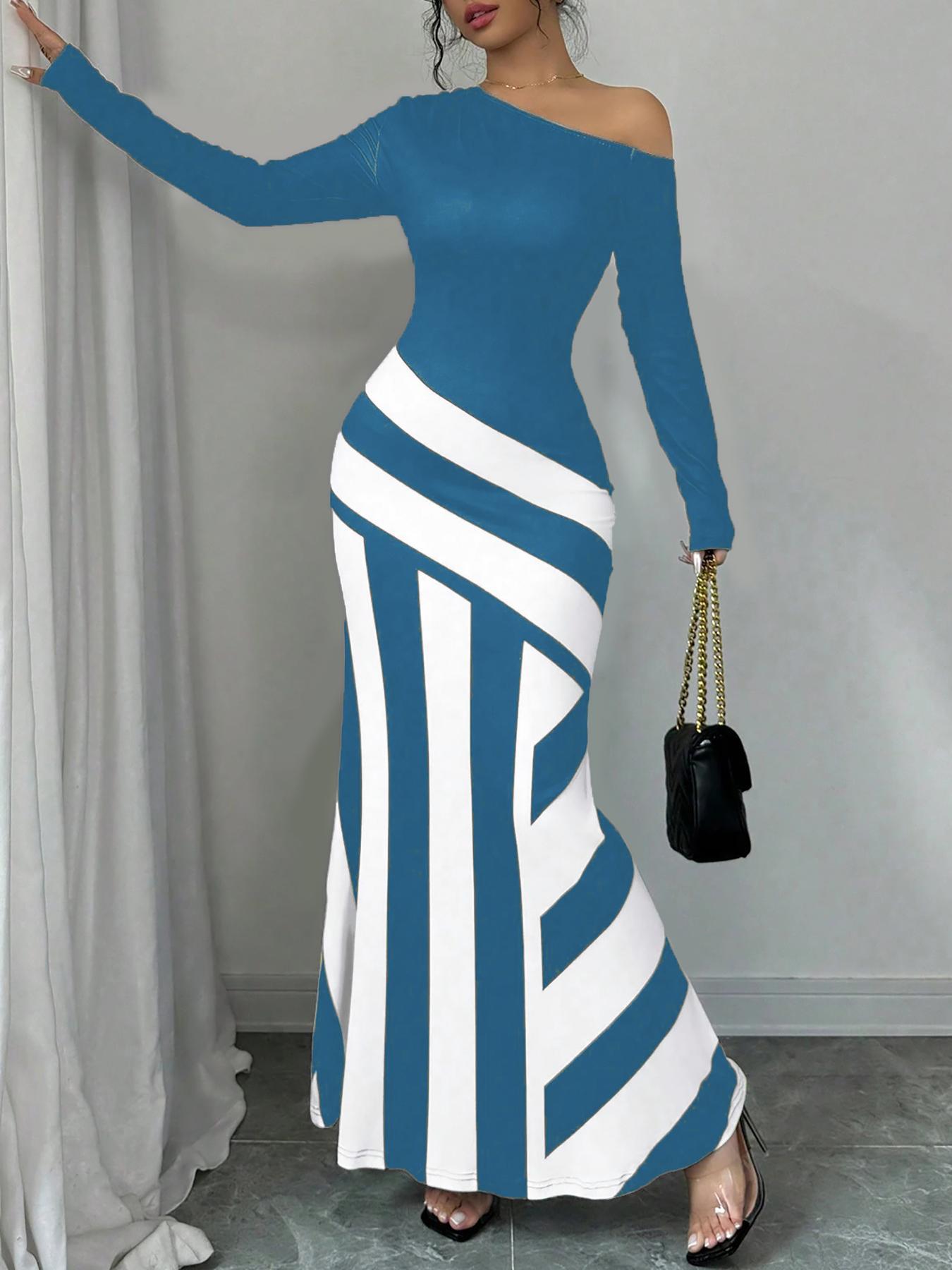 VVZ Women's Colorblock Striped Print Asymmetrical Neck Mermaid Dress