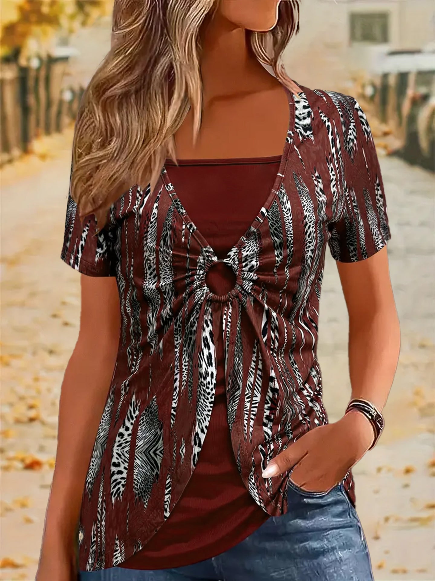 VVZ Printed Ethnic Pattern Square Neck Tee