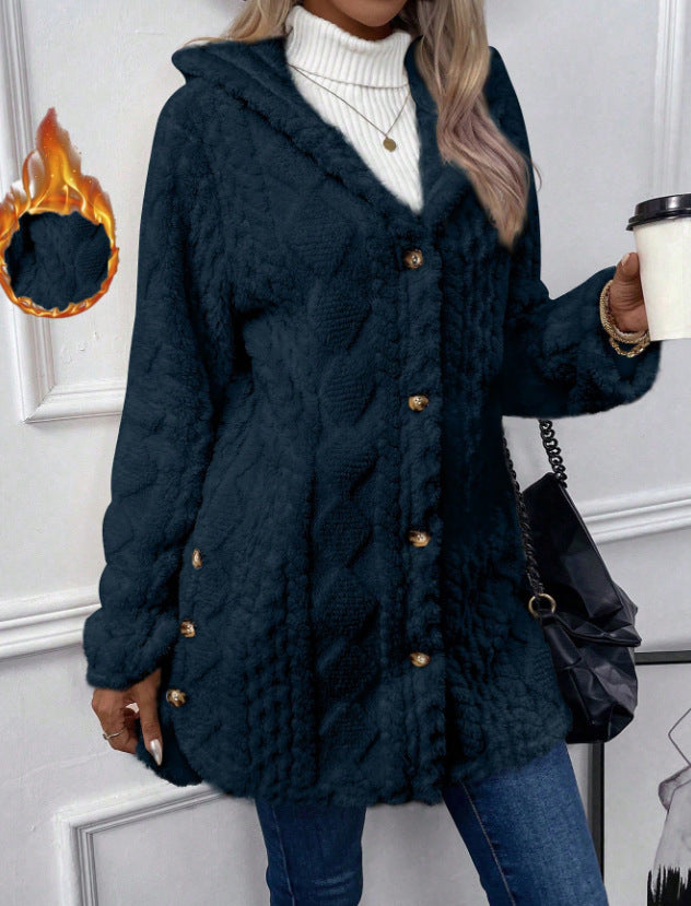 VVZ Women's Fall Winter Warm Fashion Jacquard Hooded Cardigan Long Sleeve Coat