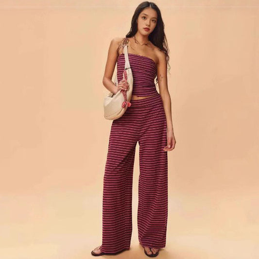 VVZ Women's Striped Print Crop Tube Top & Wide Leg Pants Set