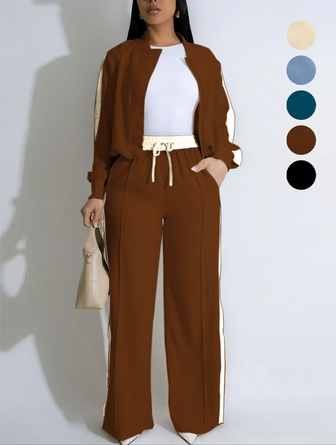 VVZ Two-piece Set Women's Patchwork Top & Wide Leg Pants Set