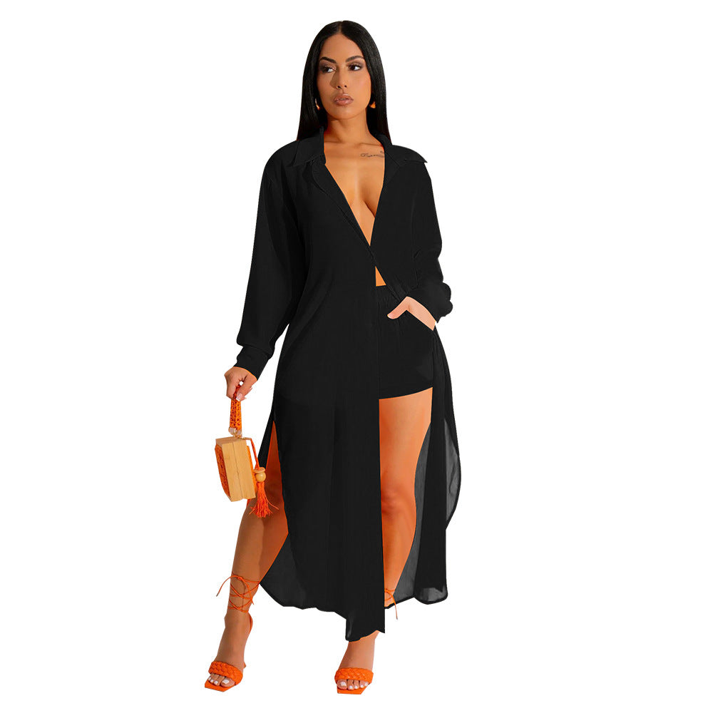 VVZ Women's Solid Color Button Front Shirt & Shorts Two-Piece Set
