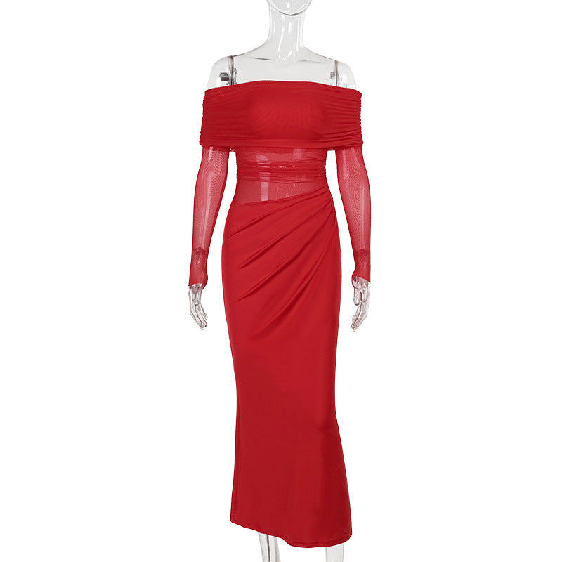 VVZ Women's Plain Off Shoulder Ruched Sheer Mesh Dress
