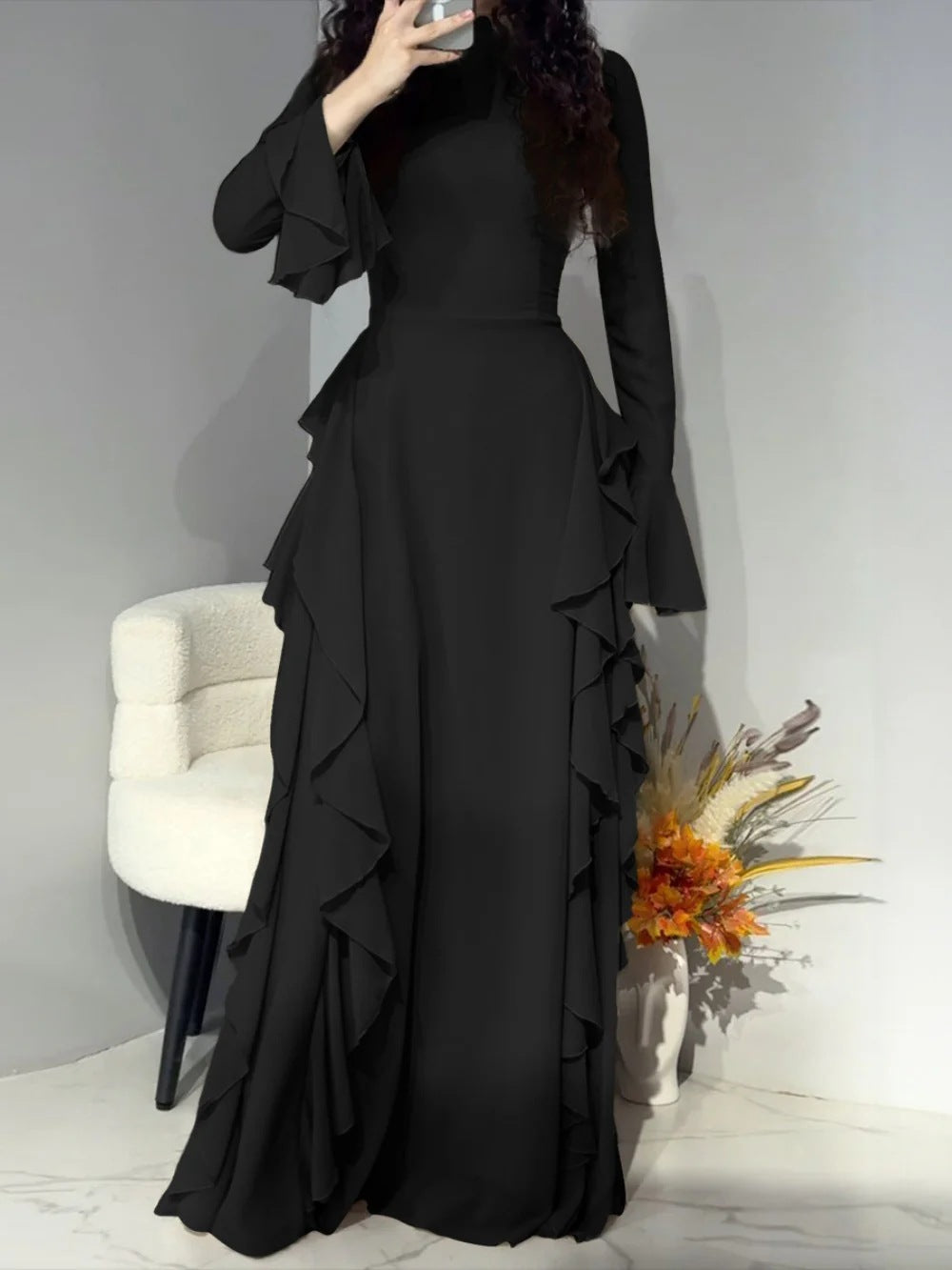 VVZ Solid-Color Waist-Cinching Maxi Dress with Flared Sleeves