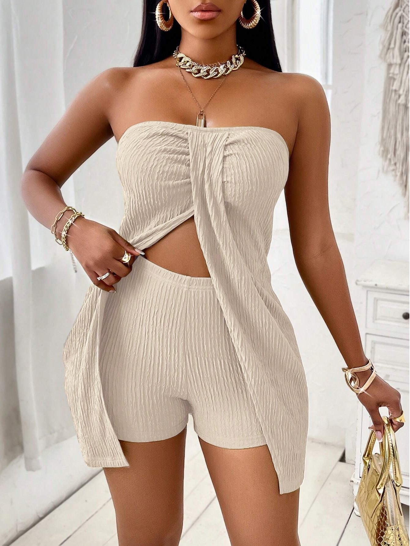 VVZ Women's Summer Plain Textured Fabric Twist Front Split Sleeveless Top Short Pants Set