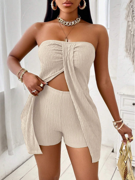 VVZ Women's Summer Plain Textured Fabric Twist Front Split Sleeveless Top Short Pants Set