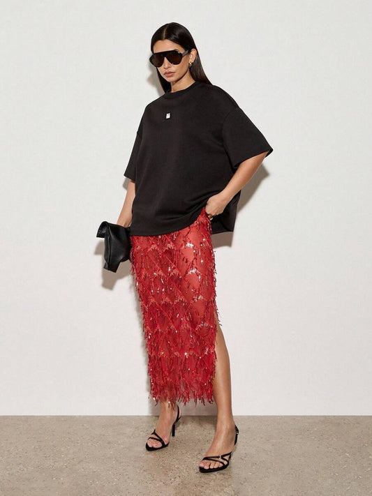 VVZ Women's Sequin-Embellished Midi Skirt — Side-Slit, Bodycon, Slimming, and Sheer Mesh Design