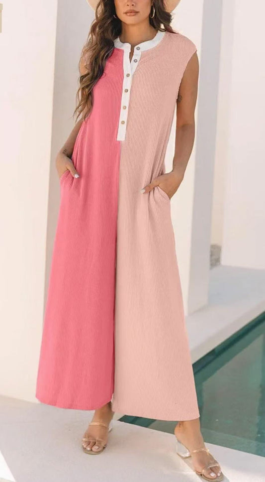 VVZ Women's Colorblock Print Button Jumpsuit